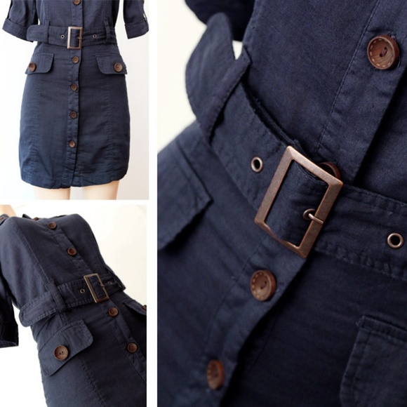 Navy Belted Button Down Safari Utility Shirt Dress - Picture 4 of 8